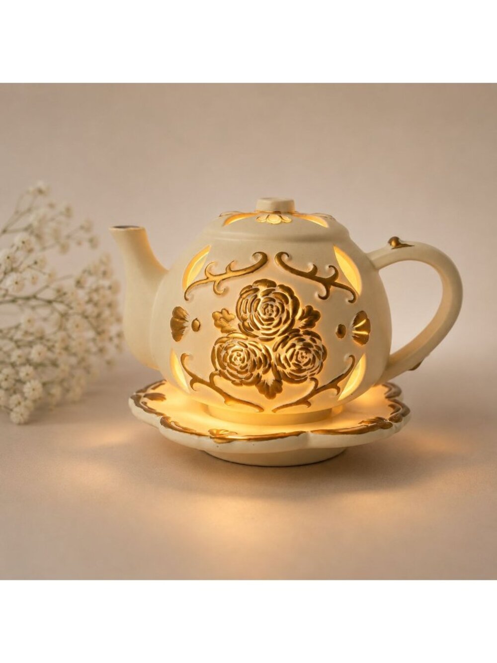 PartyLite Tea Time Teapot Tealight Candle Holder Vintage Bisque Hamptons Kitchen